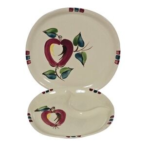 Purinton Apple Pattern Snack Plate & Dinner Plate 1950s Slip Ware Hand Painted